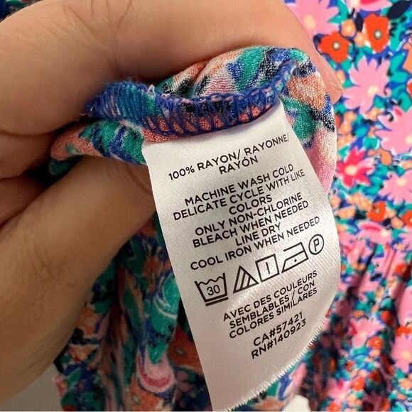 Loft Daisy Double V Peplum Shell Tank Top Floral Print Sz L Pink Blue Green - Picture 8 of 8